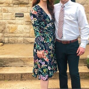 Nasty Gal Navy Floral Wrap Midi Dress Long Sleeve Tie Waist Size 6